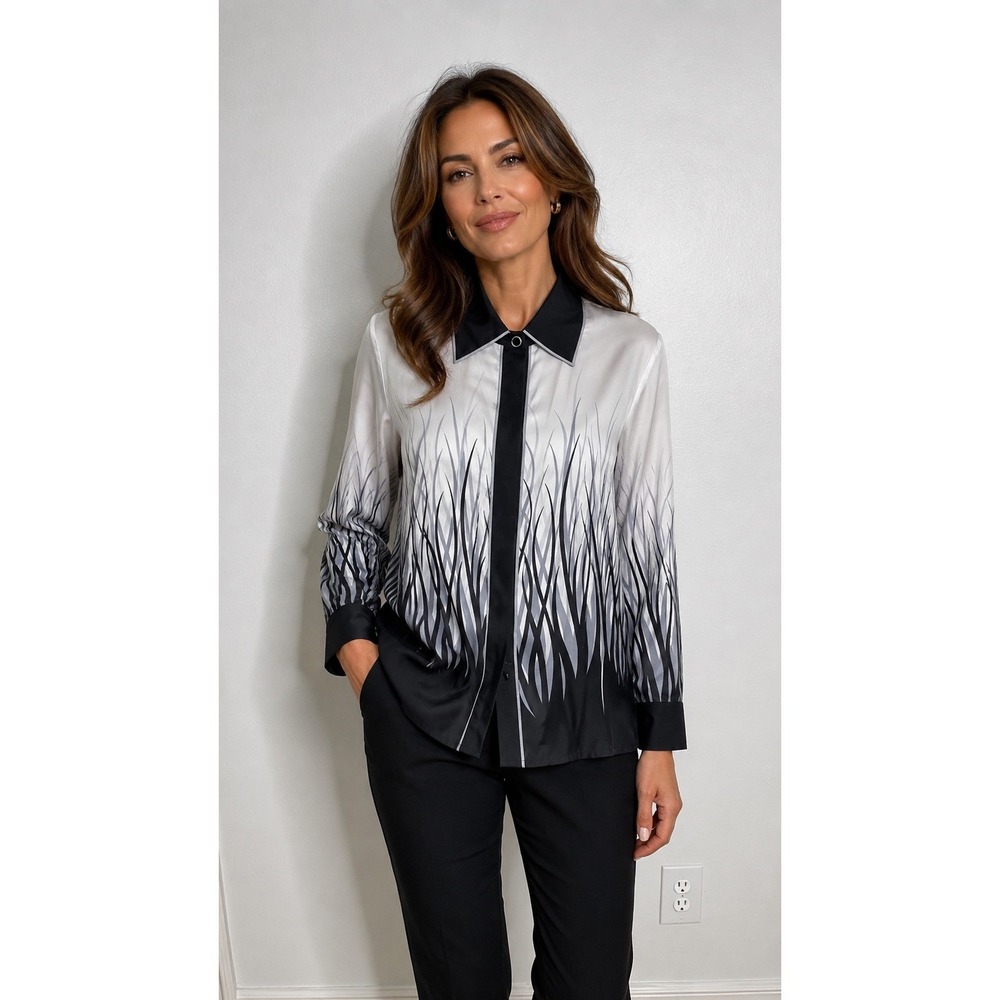VTG Bob Mackie Silk Wearable Art Blouse Black Gray  Button Up Shirt M
